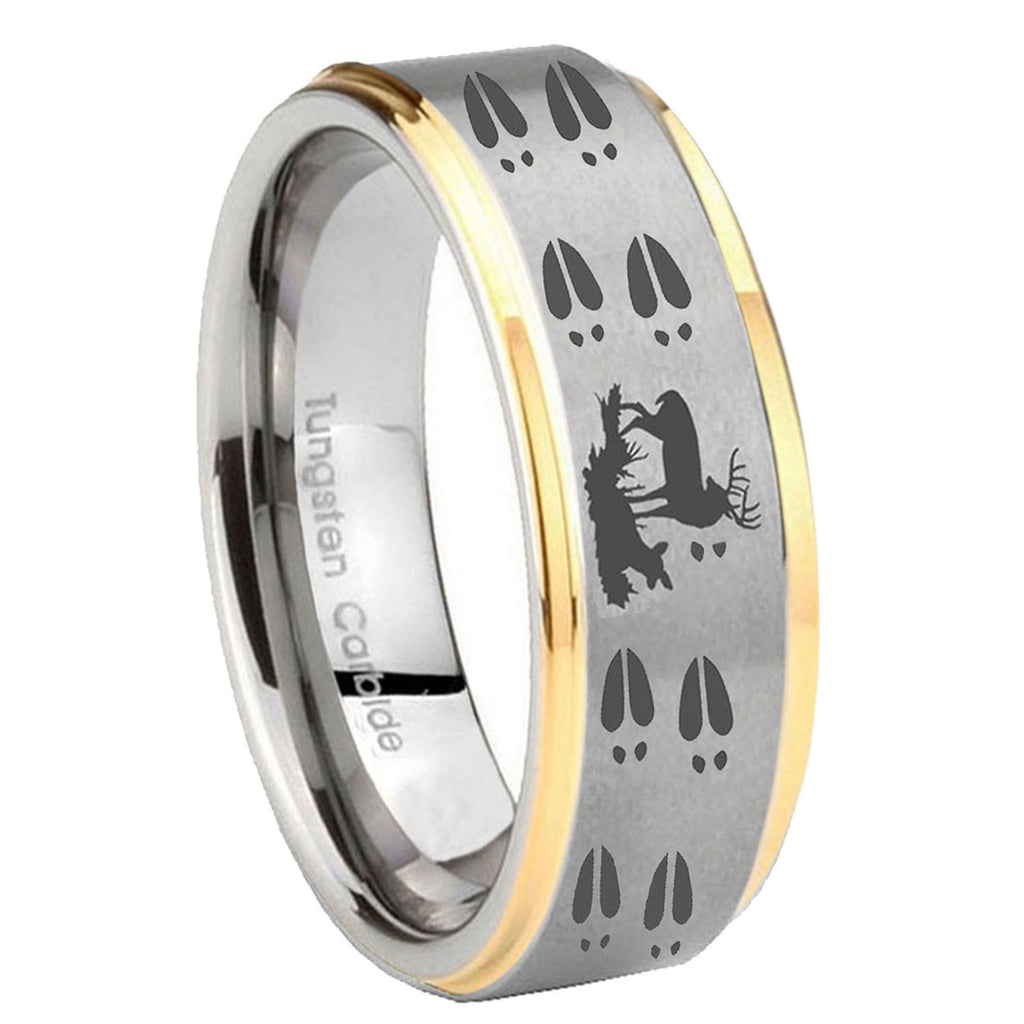 10mm Deer Hunting Tracks Step Edges Gold 2 Tone Tungsten Carbide Bands Ring