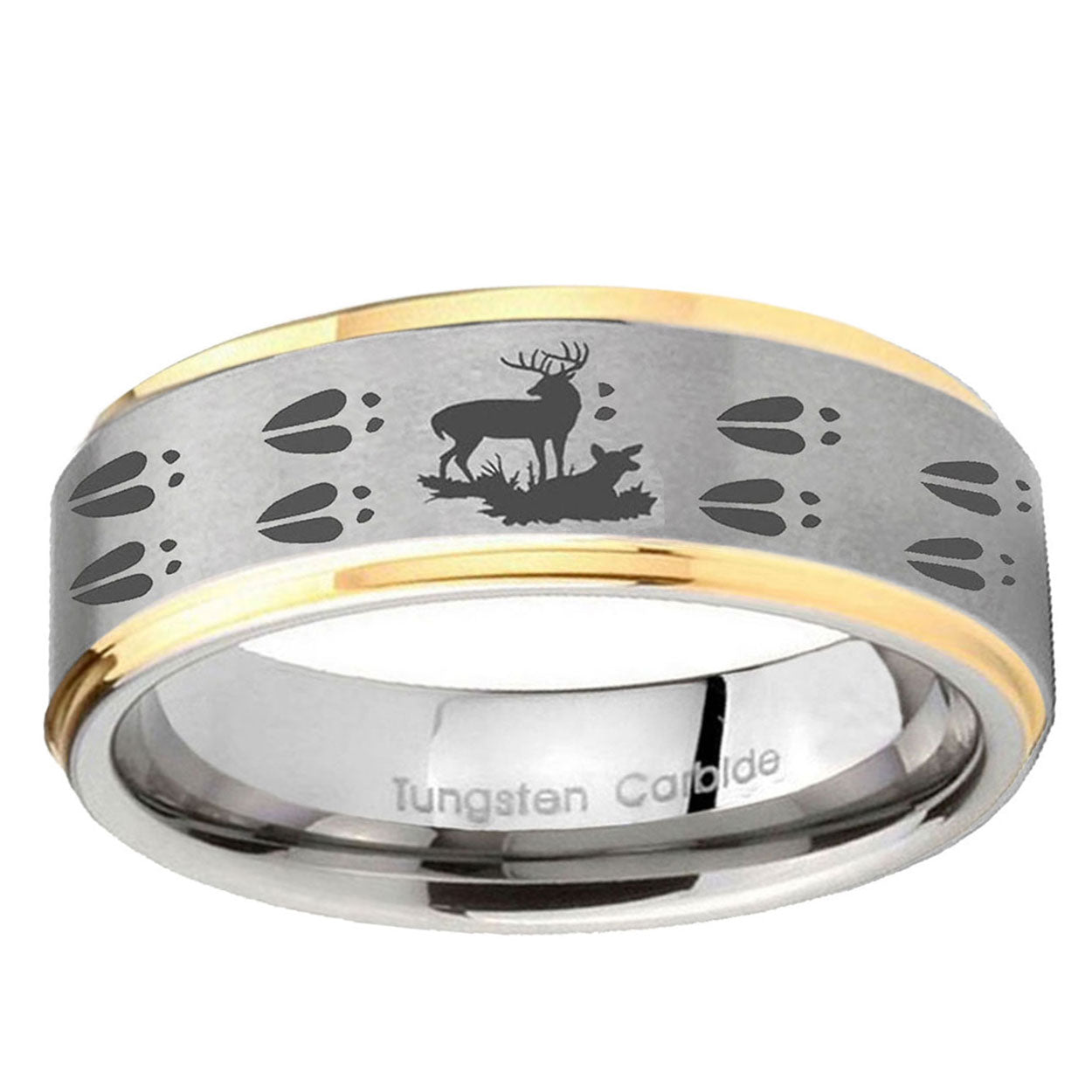 10mm Deer Hunting Tracks Step Edge Gold 2 Tone Tungsten Ring