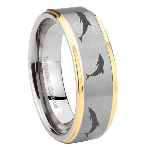 8mm Dolphins Step Edges Gold 2 Tone Tungsten Ring for Men