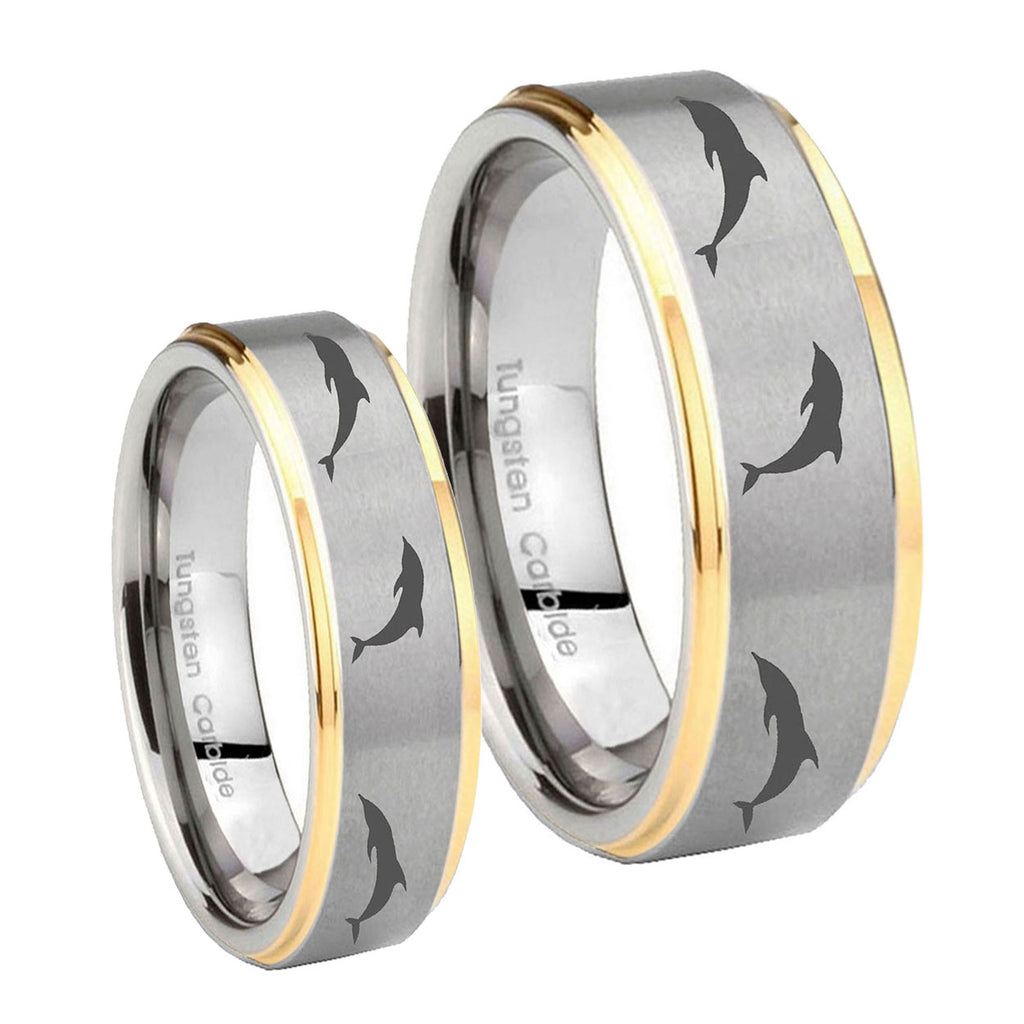 Dolphins Step Edges Gold 2 Tone Tungsten Promise Ring Set