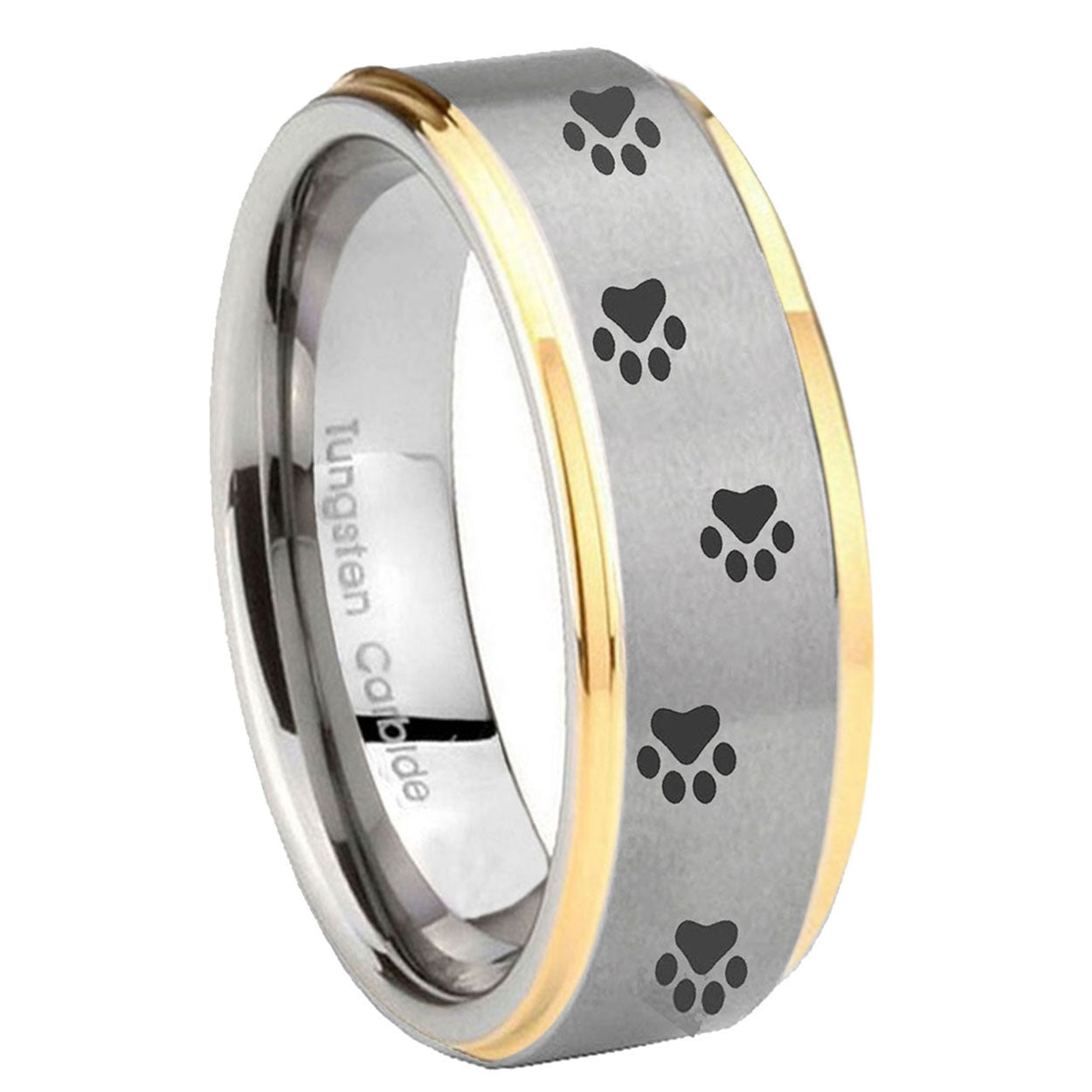 8mm Paw Print Step Edges Gold 2 Tone Tungsten Promised Ring