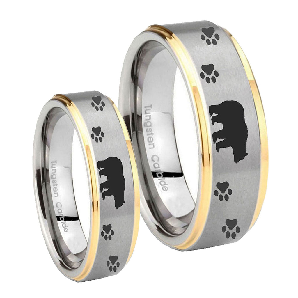Bear and Paw Step Edges Gold 2 Tone Tungsten Wedding Band Set