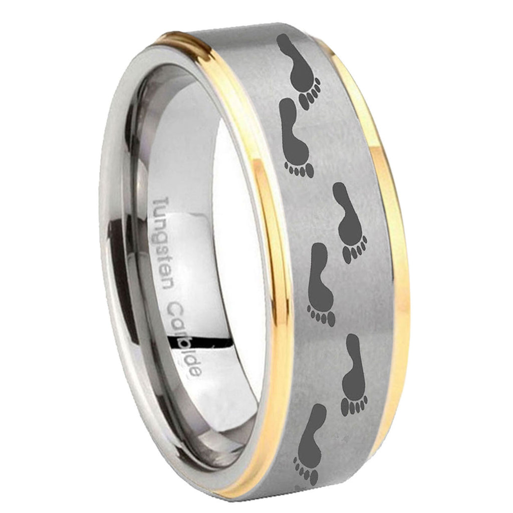 10mm Foot Print Step Edges Gold 2 Tone Tungsten Carbide Engraved Ring