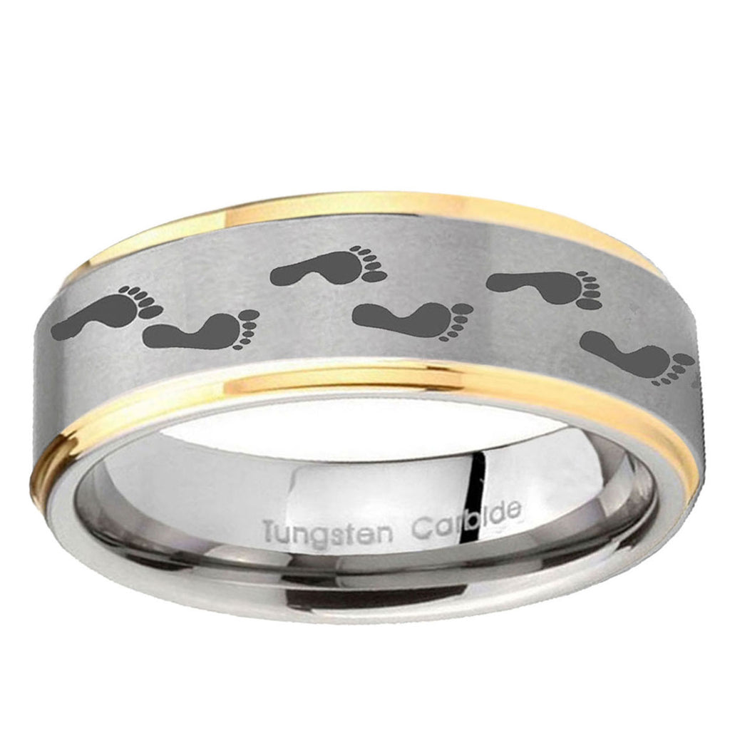 10mm Foot Print Step Edge Gold 2 Tone Tungsten Ring