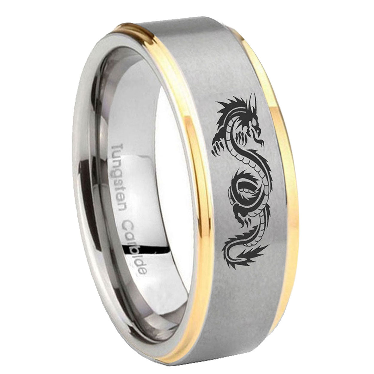 8mm Dragon Step Edges Gold 2 Tone Tungsten Engagement Band