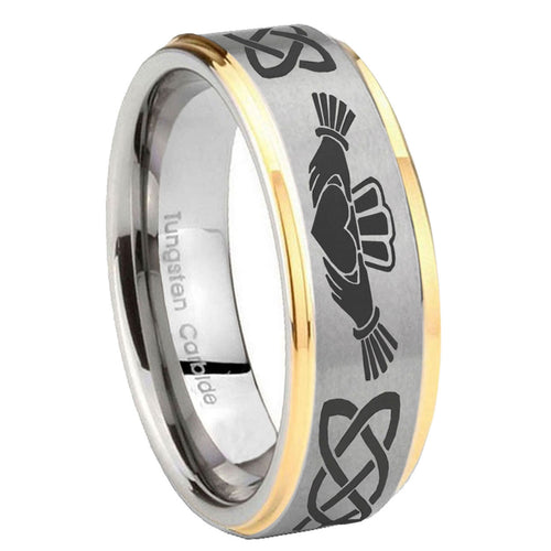10mm Irish Claddagh Step Edges Gold 2 Tone Tungsten Carbide Mens Anniversary Ring