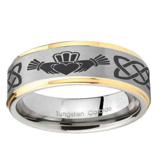 10mm Irish Claddagh Step Edge Gold 2 Tone Tungsten Ring