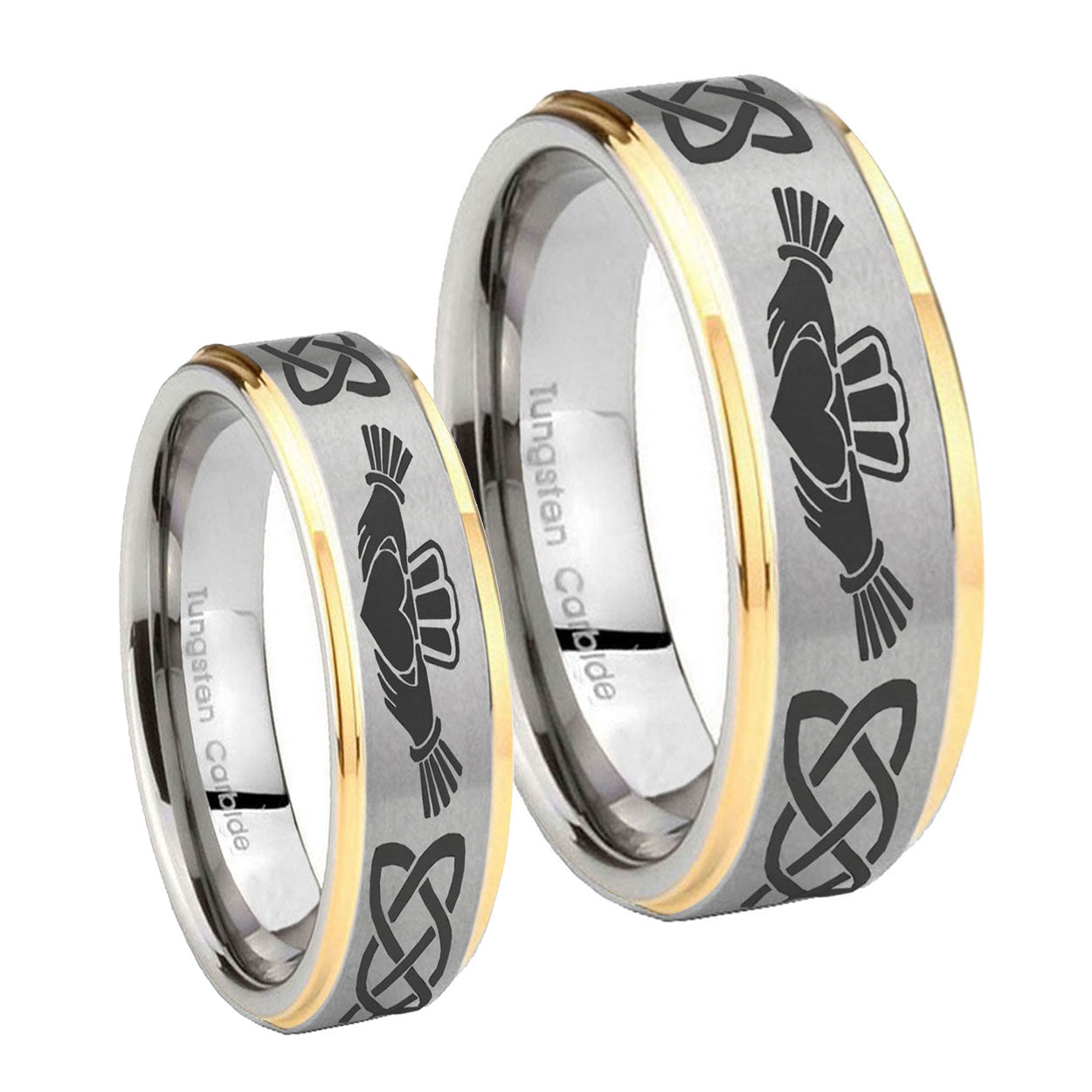 Irish Claddagh Step Edges Gold 2 Tone Tungsten Wedding Ring Sets