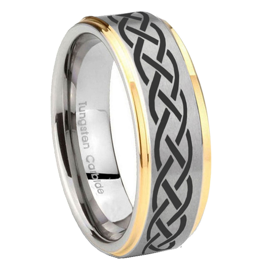 10mm Celtic Knot Step Edges Gold 2 Tone Tungsten Carbide Bands Ring