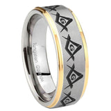 8mm Masonic Square and Compass Step Edges Gold 2 Tone Tungsten Carbide Custom Mens Ring