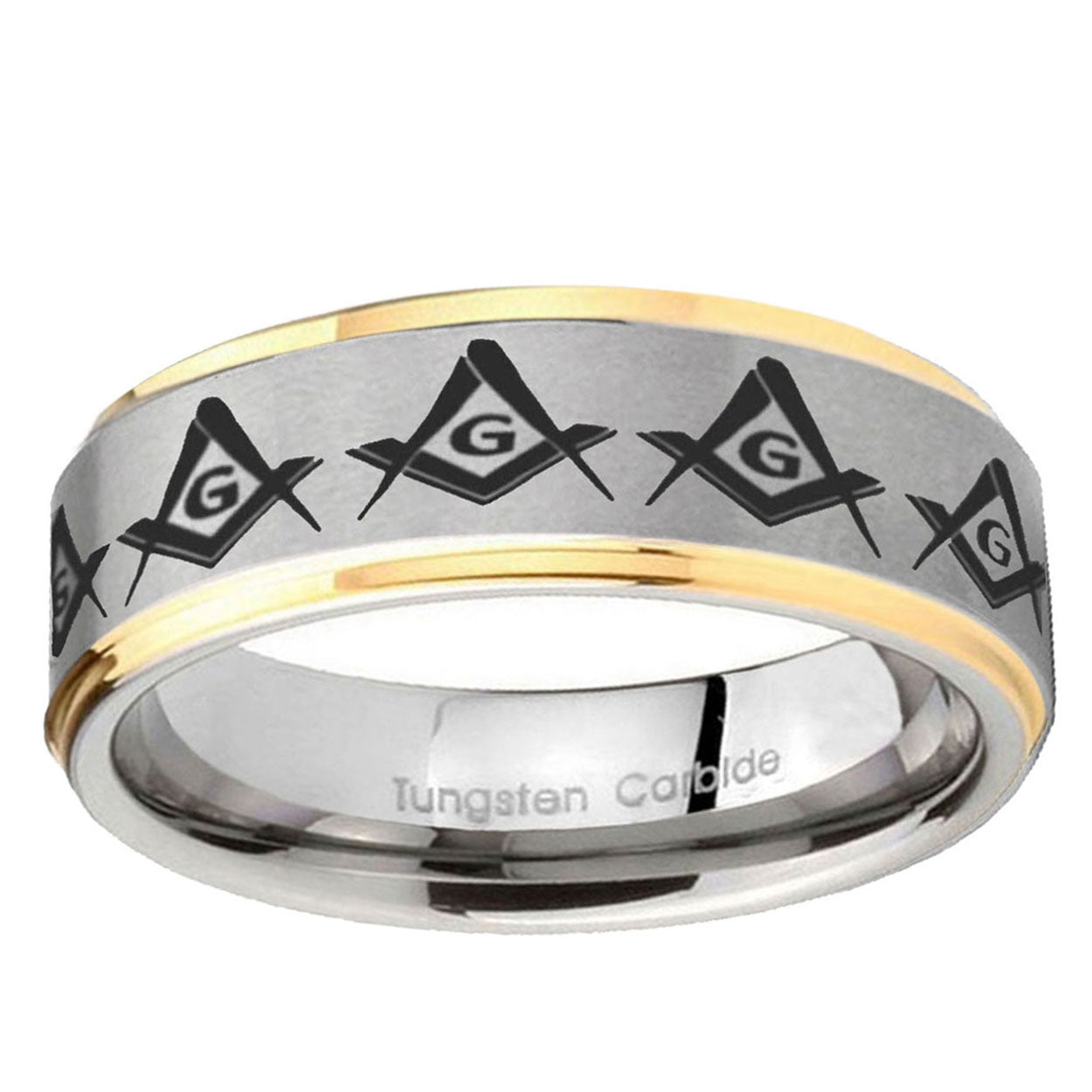 10mm Masonic Square and Compass Step Edge Gold 2 Tone Tungsten Ring