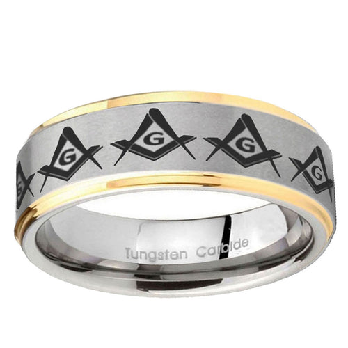 10mm Masonic Square and Compass Step Edge Gold 2 Tone Tungsten Ring