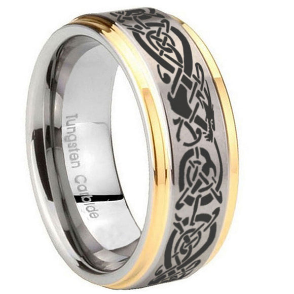 10mm-Celtic-Knot-Dragon-Step-Edges-Gold-2-Tone-Tungsten-Carbide-Mens-Ring