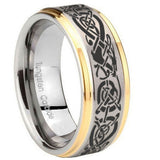 8mm-Celtic-Knot-Dragon-Step-Edges-Gold-2-Tone-Tungsten-Carbide-Men's-Band-Ring