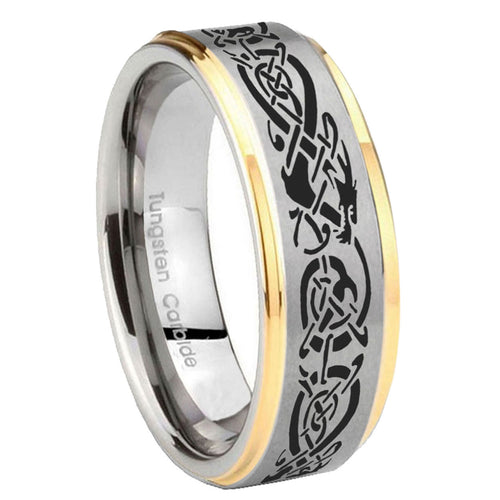 8mm Celtic Knot Dragon Step Edges Gold 2 Tone Tungsten Ring