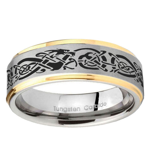 5mm Celtic Knot Dragon Step Edges Gold 2 Tone Tungsten Ring
