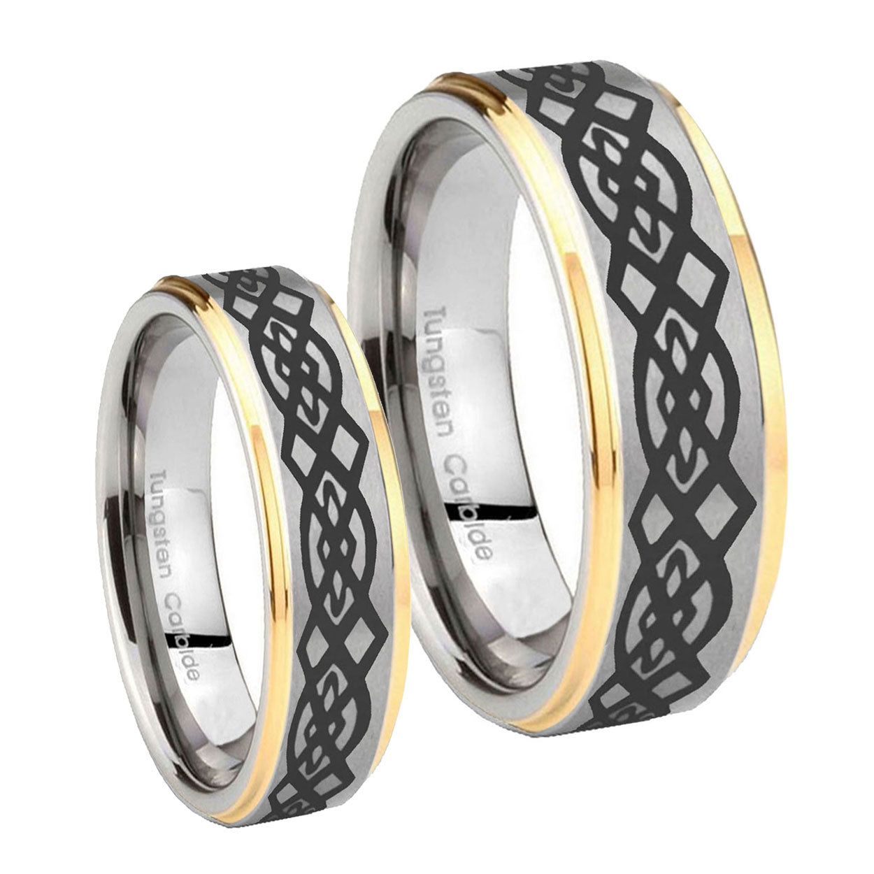 Celtic Knot Step Edges Gold 2 Tone Tungsten Couple Rings