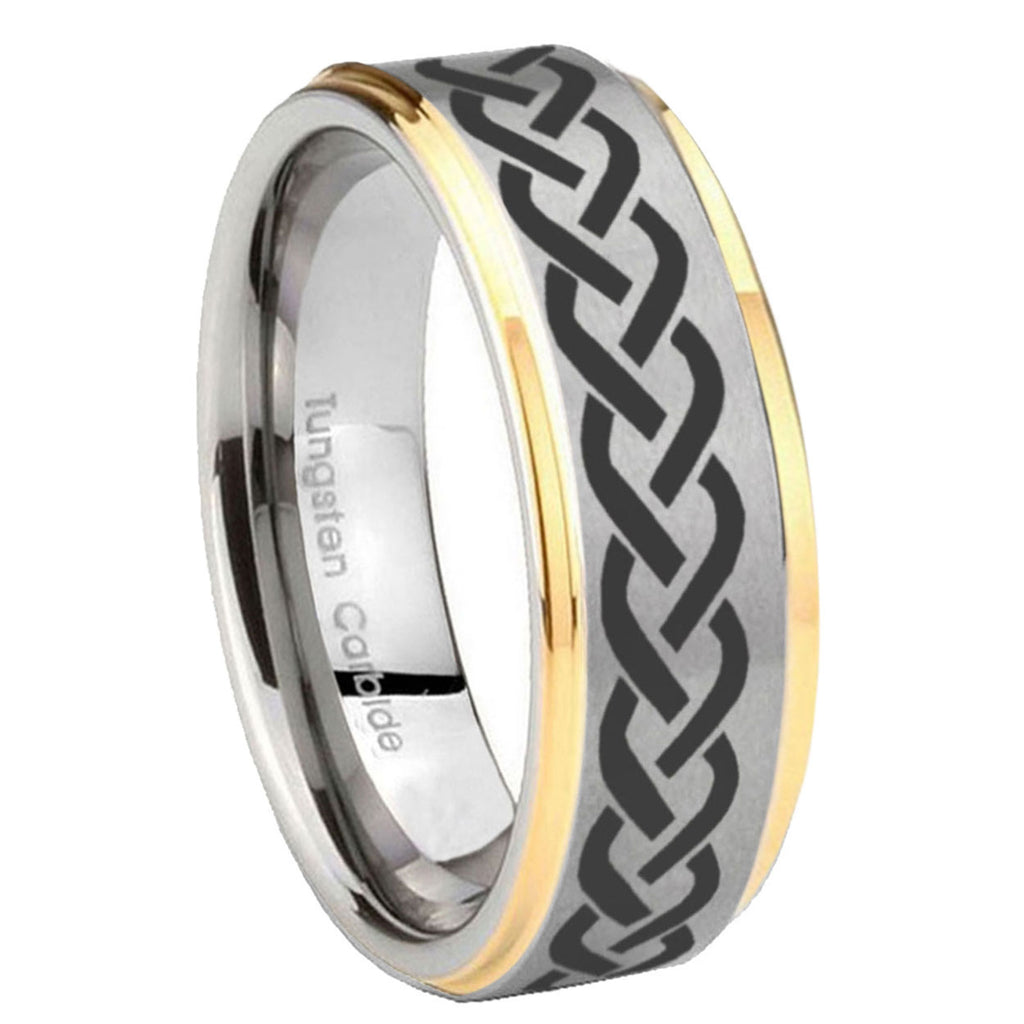 10mm Laser Celtic Knot Step Edges Gold 2 Tone Tungsten Carbide Bands Ring