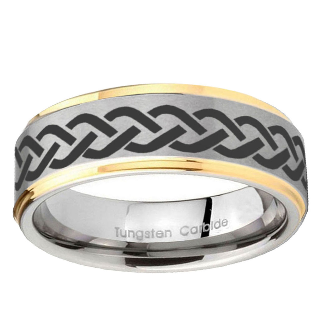 10mm Laser Celtic Knot Step Edge Gold 2 Tone Tungsten Ring