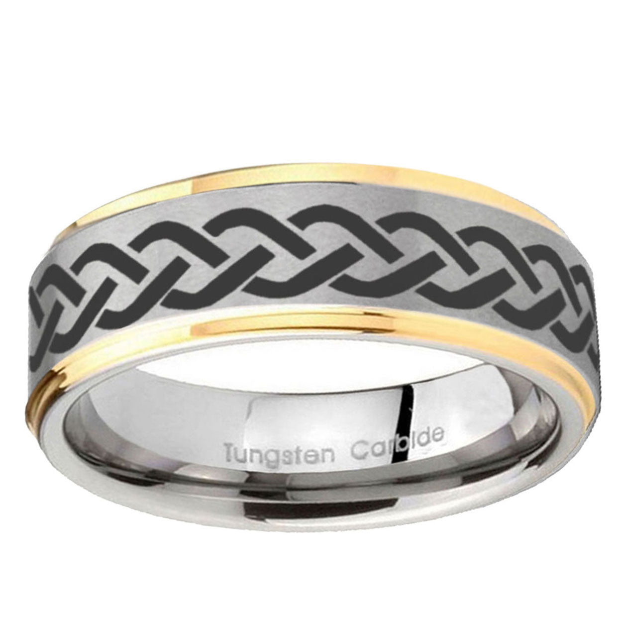 10mm Laser Celtic Knot Step Edge Gold 2 Tone Tungsten Ring