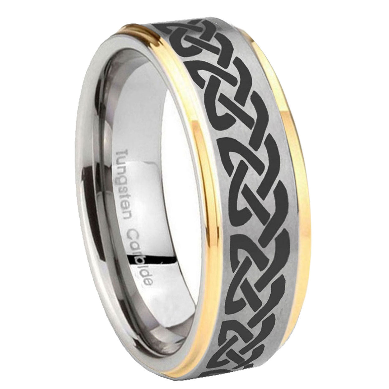 8mm Celtic Knot Love Step Edges Gold 2 Tone Tungsten Ring