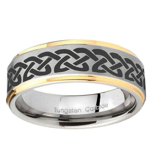 10mm Celtic Knot Love Step Edge Gold 2 Tone Tungsten Ring