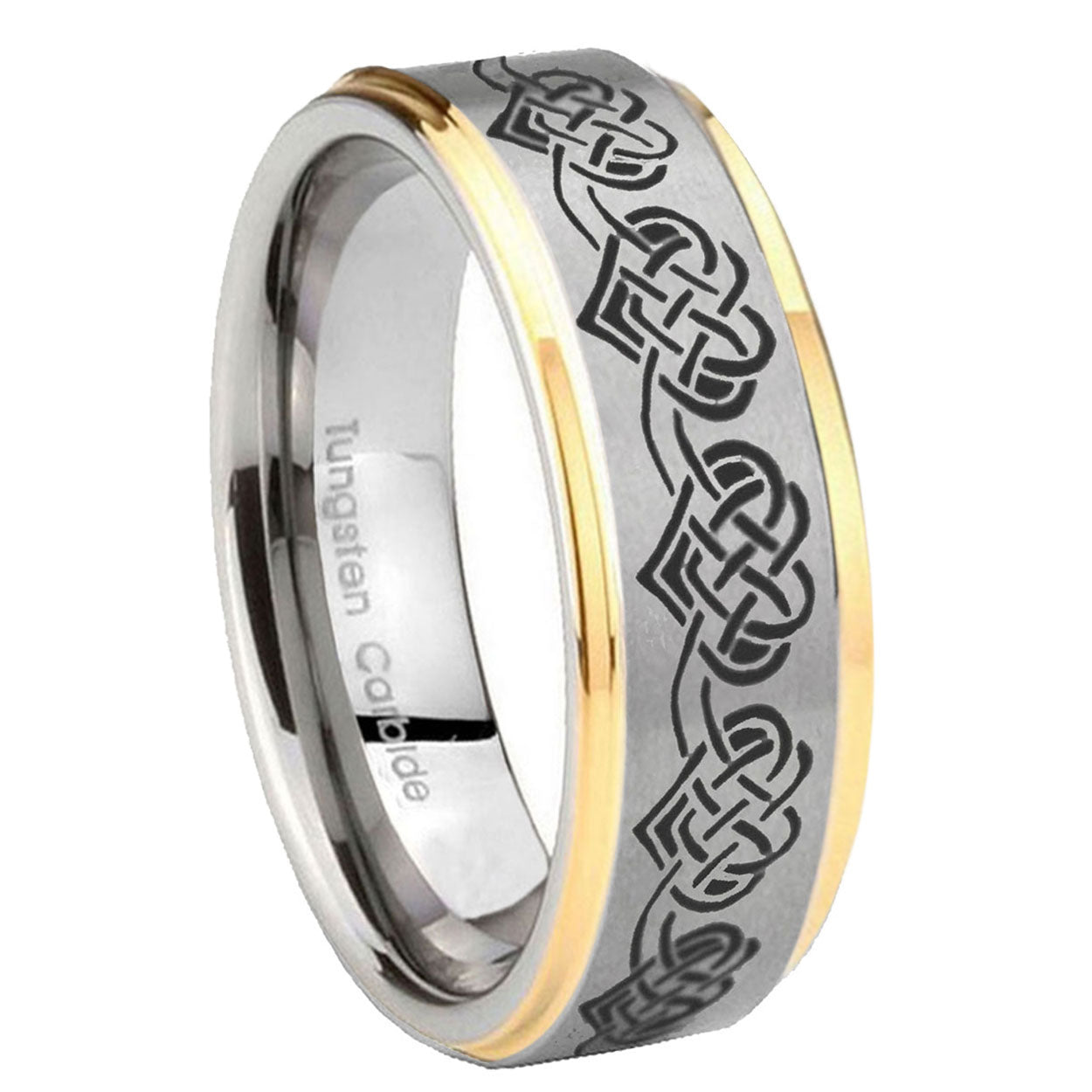 10mm Celtic Knot Heart Step Edges Gold 2 Tone Tungsten Carbide Bands Ring