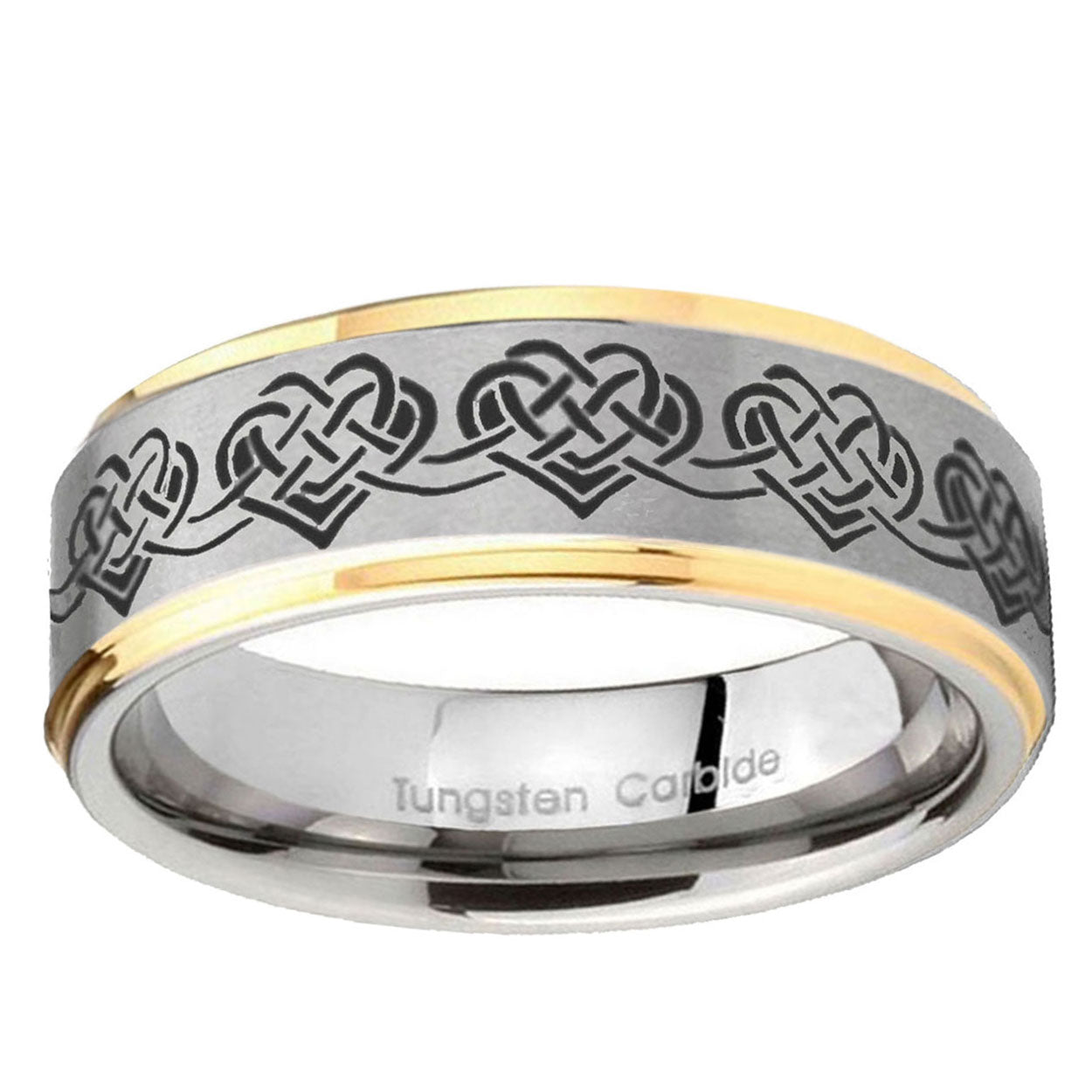 10mm Celtic Knot Heart Step Edge Gold 2 Tone Tungsten Ring