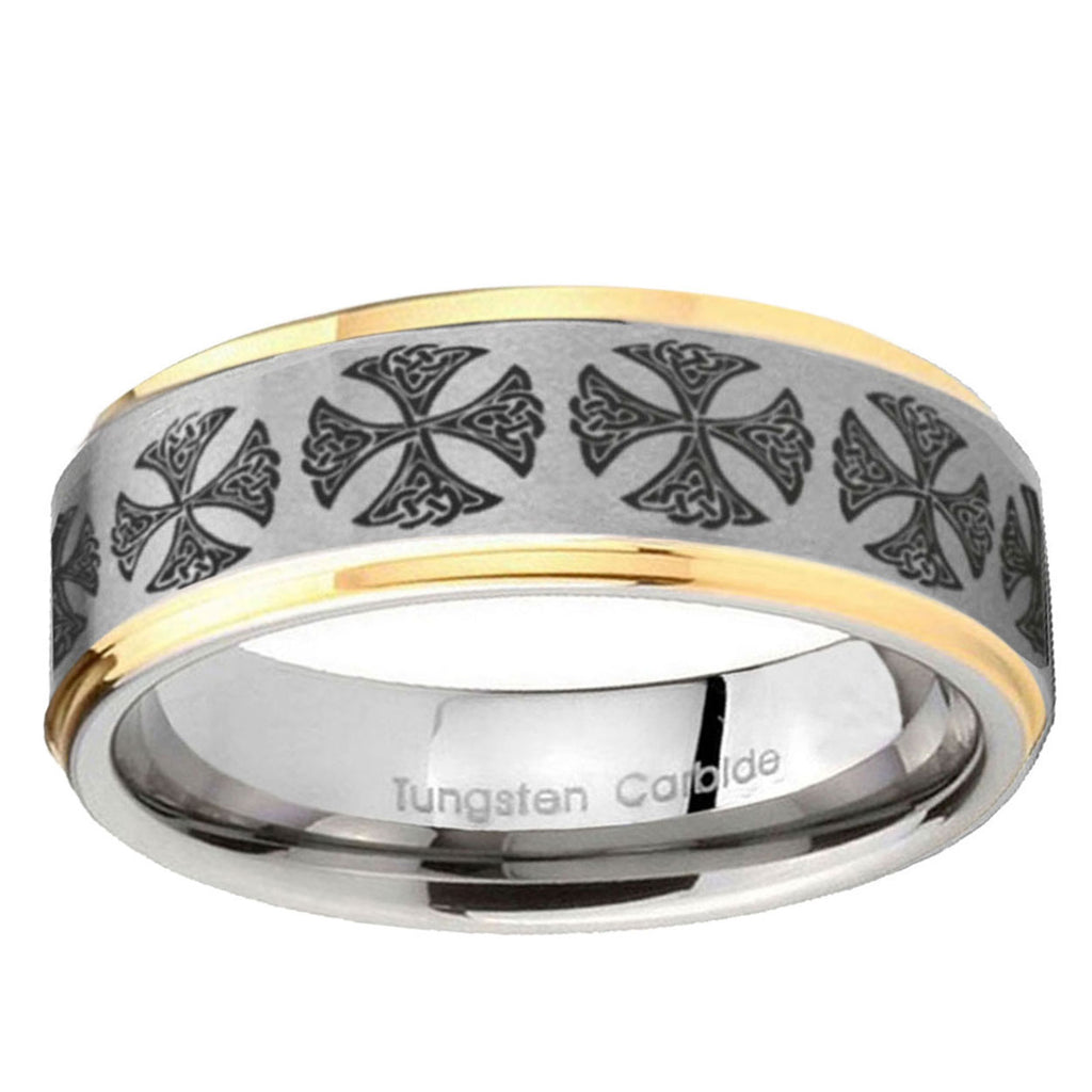 10mm Medieval Cross Step Edge Gold 2 Tone Tungsten Ring