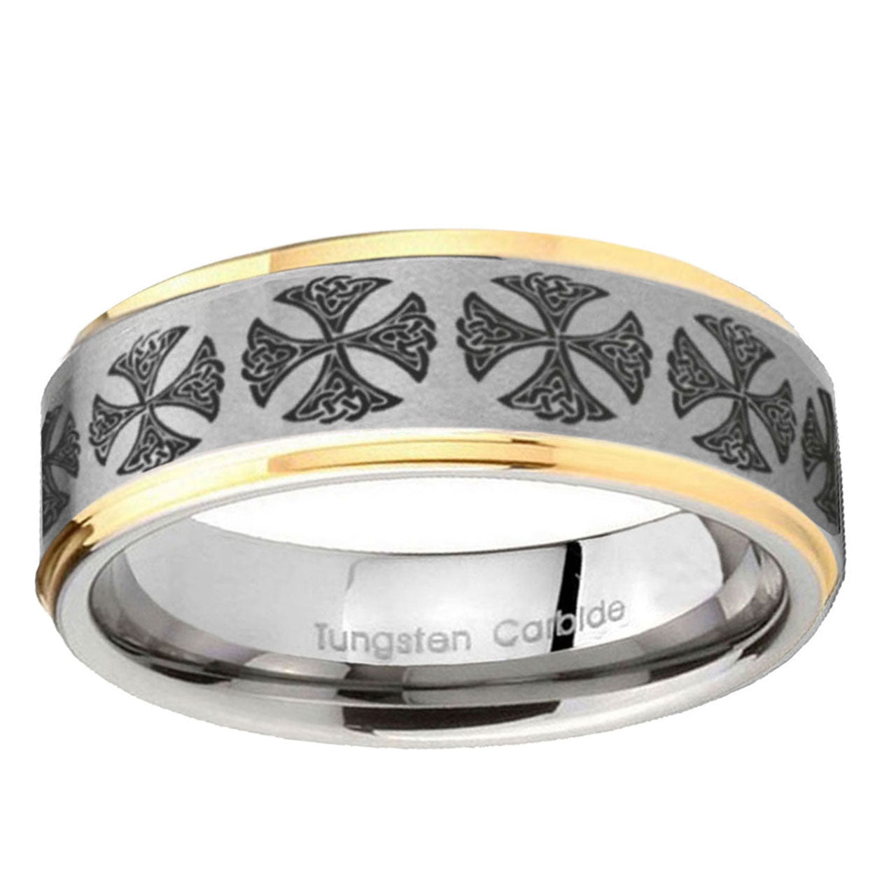 10mm Medieval Cross Step Edge Gold 2 Tone Tungsten Ring