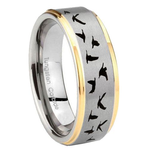 8mm Flying Geese Hunting Step Edges Gold 2 Tone Tungsten Ring