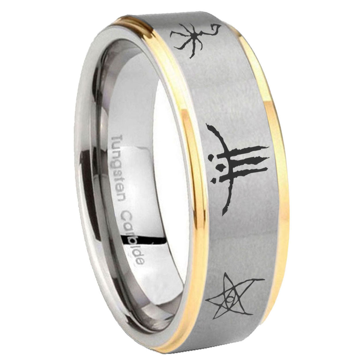 8mm Blackborne Caryll Runes Step Edge Gold Gray Tungsten Men Ring
