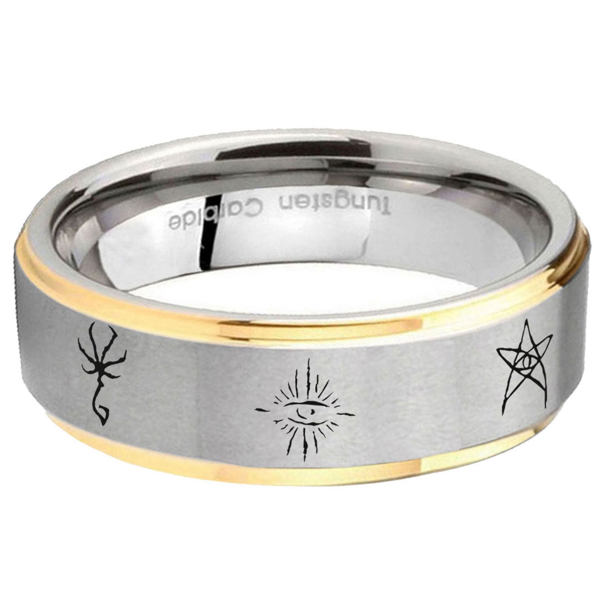 5mm Blackborne Caryll Runes Step Edge Gold Gray Tungsten Men Ring