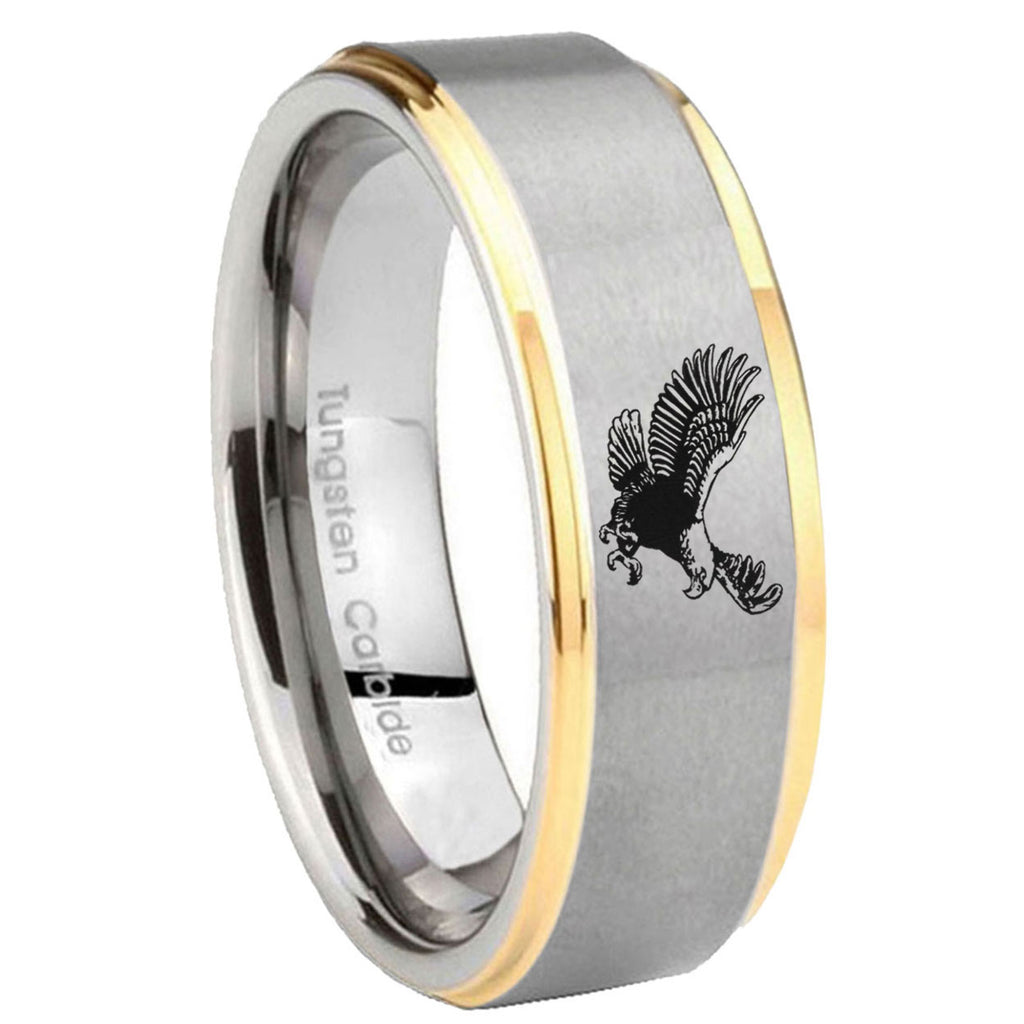 8mm Flying American Eagle Step Edge Gold Gray Tungsten Men Ring