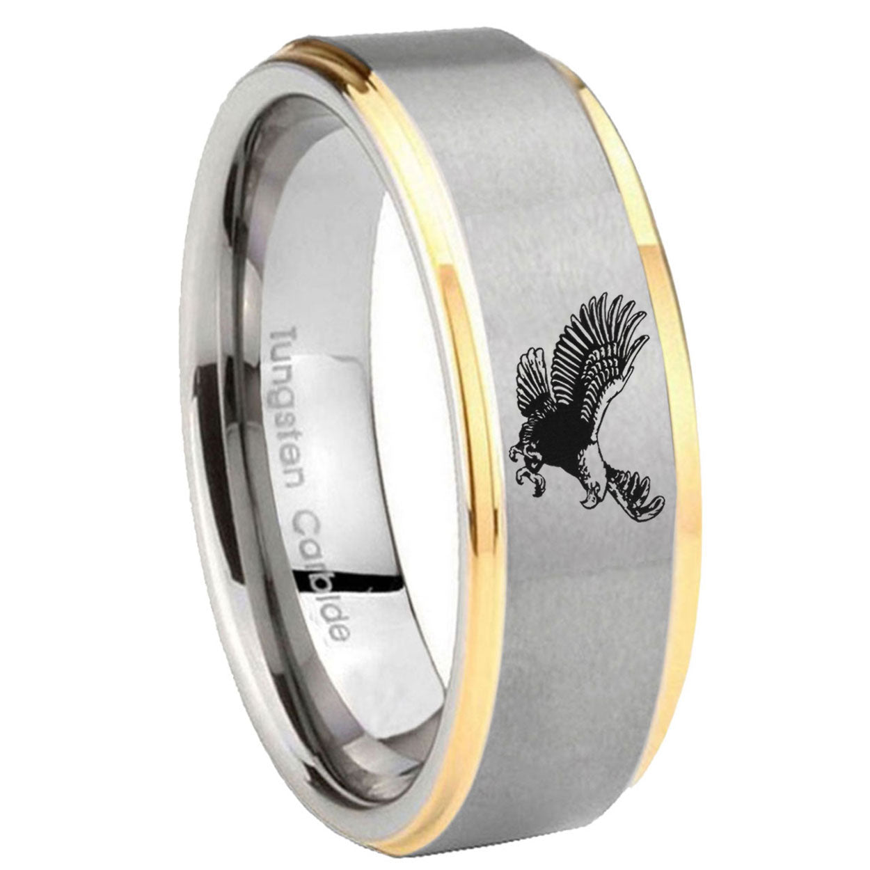 8mm Flying American Eagle Step Edge Gold Gray Tungsten Men Ring