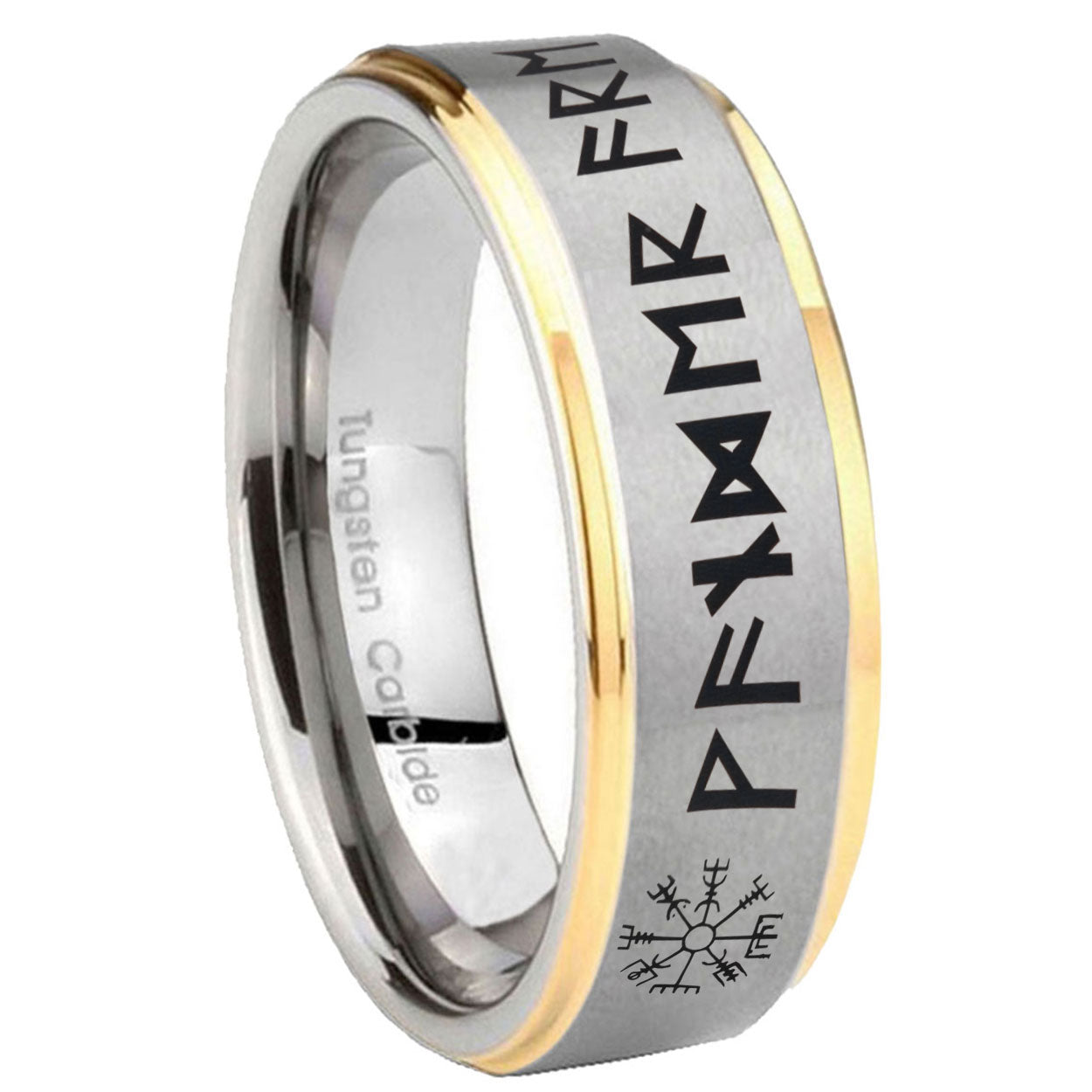 8mm Viking Step Edge Gold Gray Tungsten Men Ring