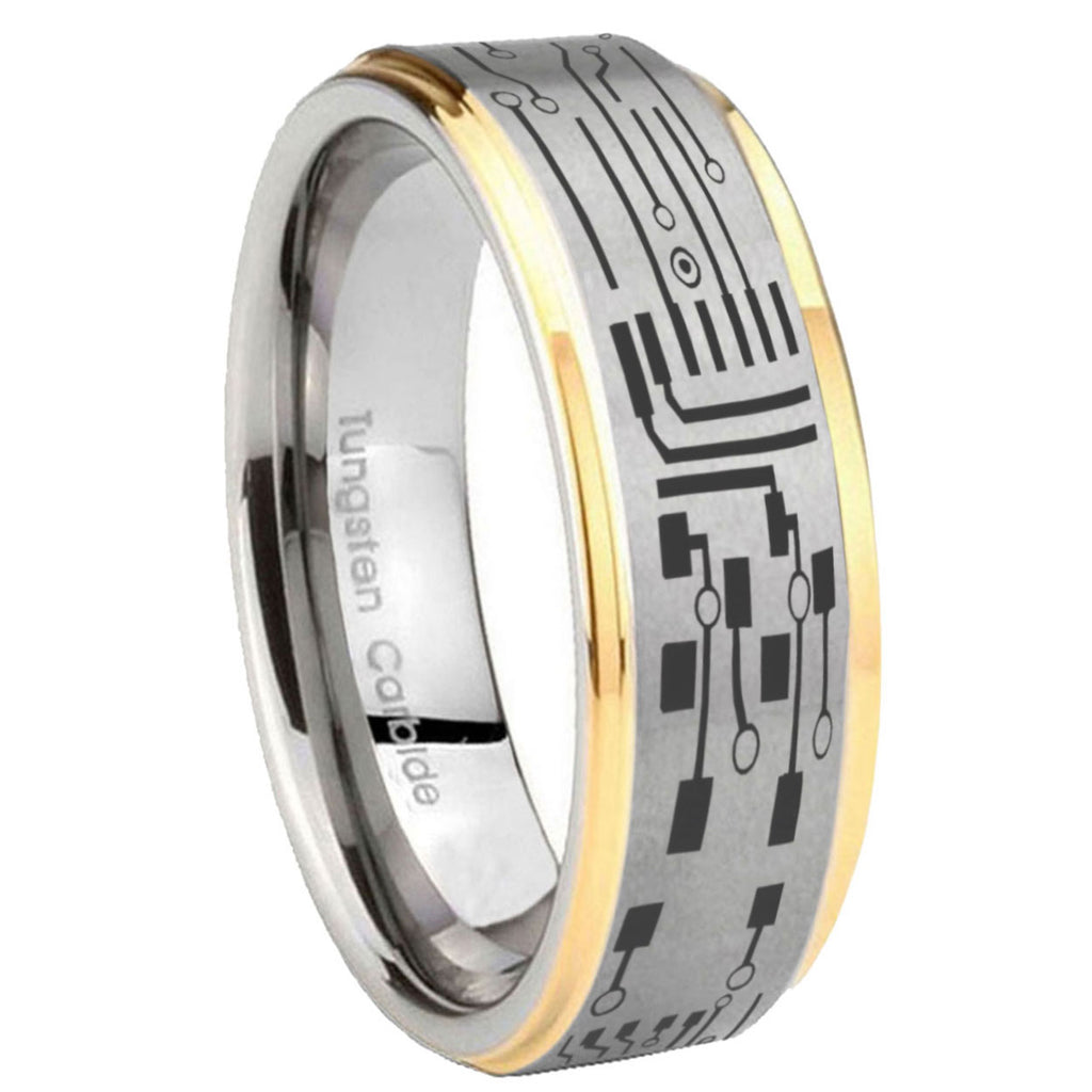 8mm Circuit Board Step Edge Gold Gray Tungsten Men Ring