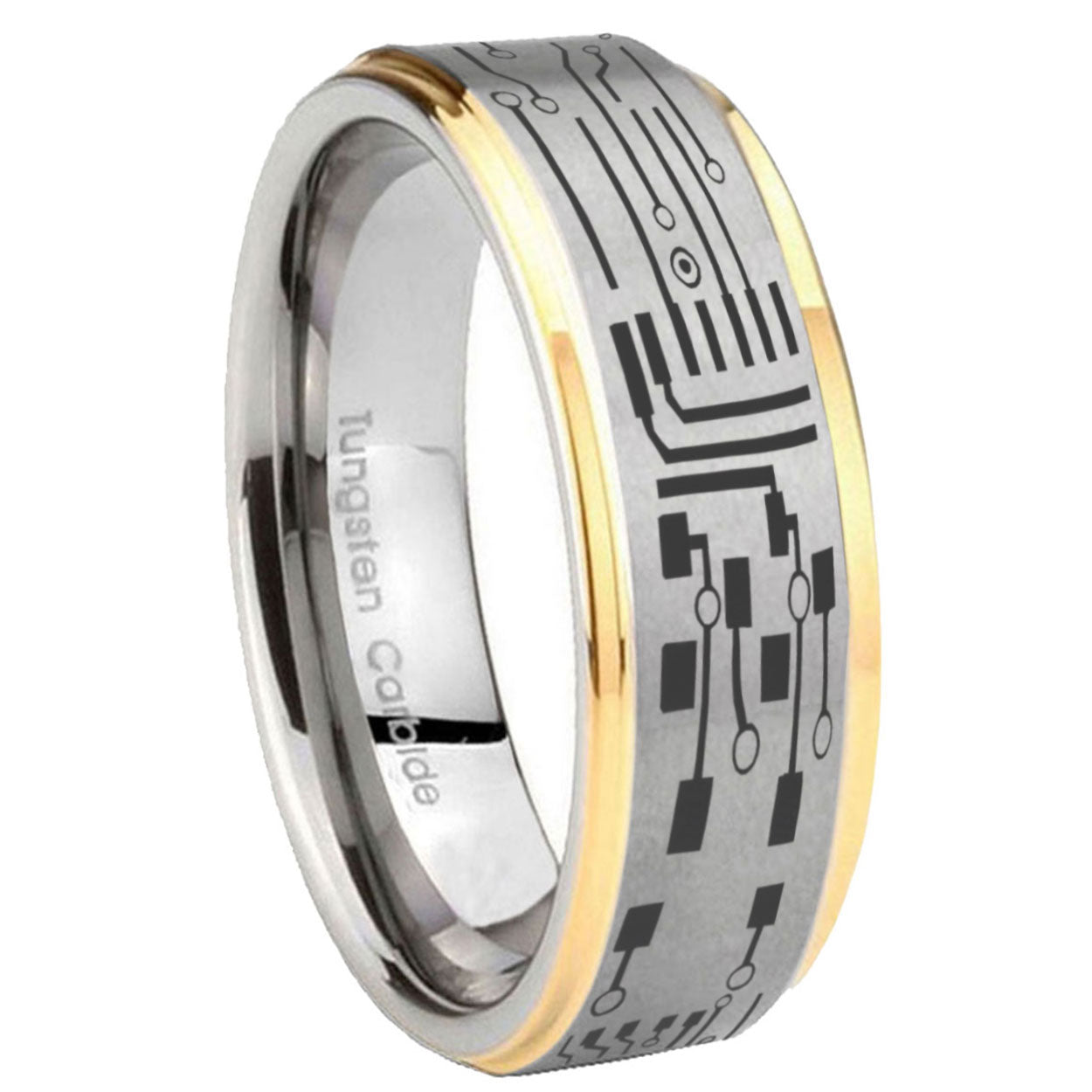 8mm Circuit Board Step Edge Gold Gray Tungsten Men Ring