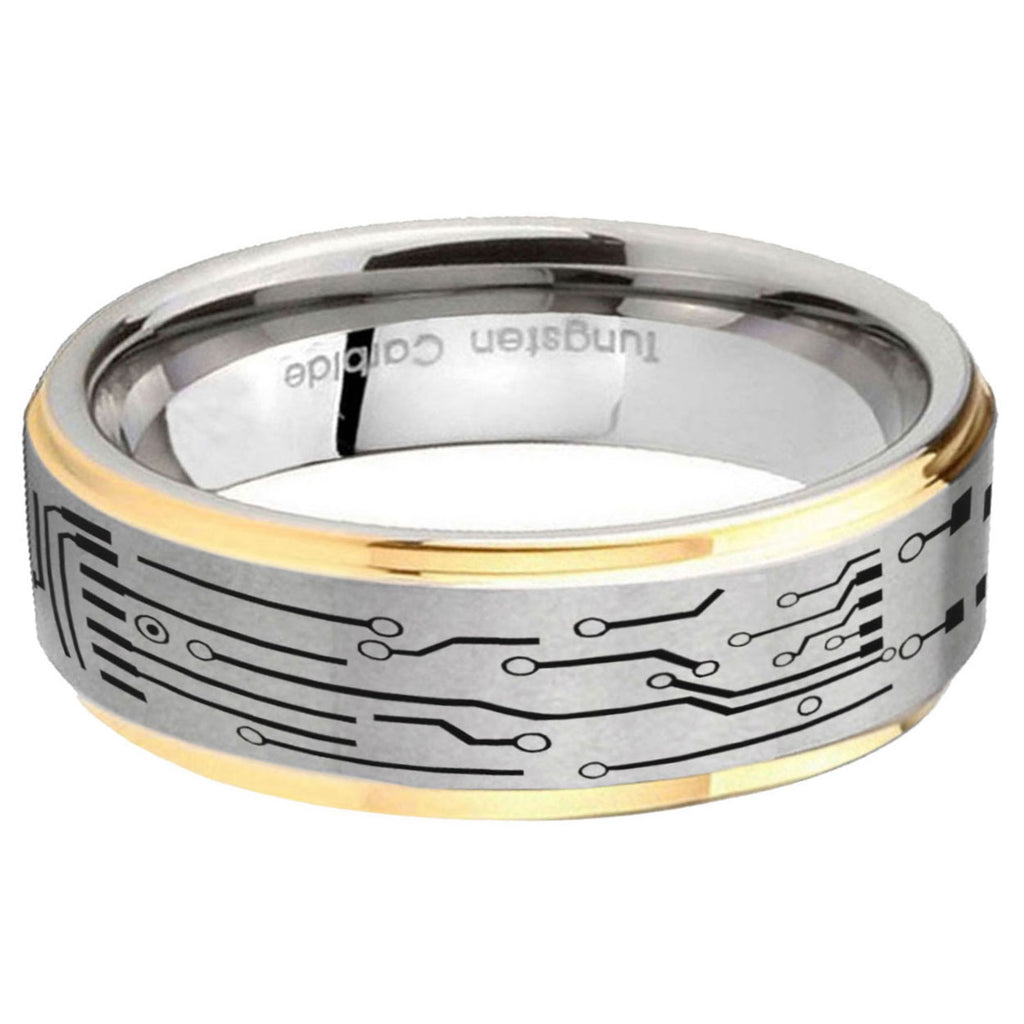 5mm Circuit Board Step Edge Gold Gray Tungsten Men Ring