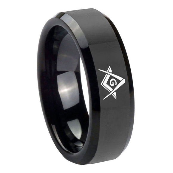 10mm-Freemason-Masonic-Beveled-Edges-Black-Tungsten-Carbide-Men's-Wedding-Band