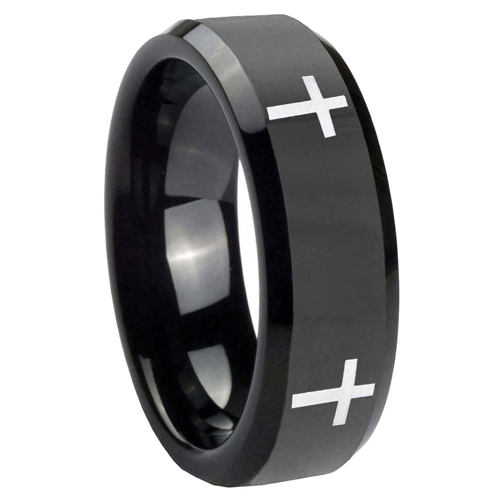 10mm Crosses Beveled Edges Black Tungsten Carbide Wedding Engraving Ring