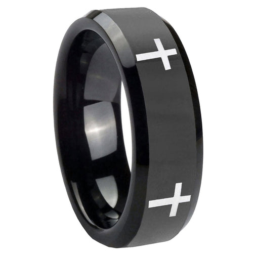 10mm Crosses Beveled Edges Black Tungsten Carbide Wedding Engraving Ring