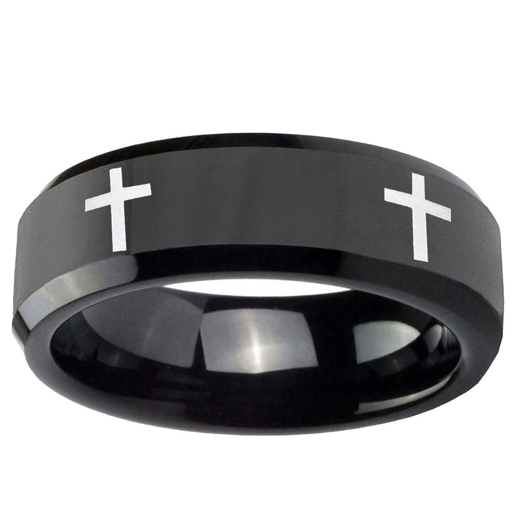 5mm Crosses Beveled Edges Black Tungsten Mens Wedding Band