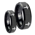 Crosses Beveled Edges Black Tungsten Bridal Ring Sets