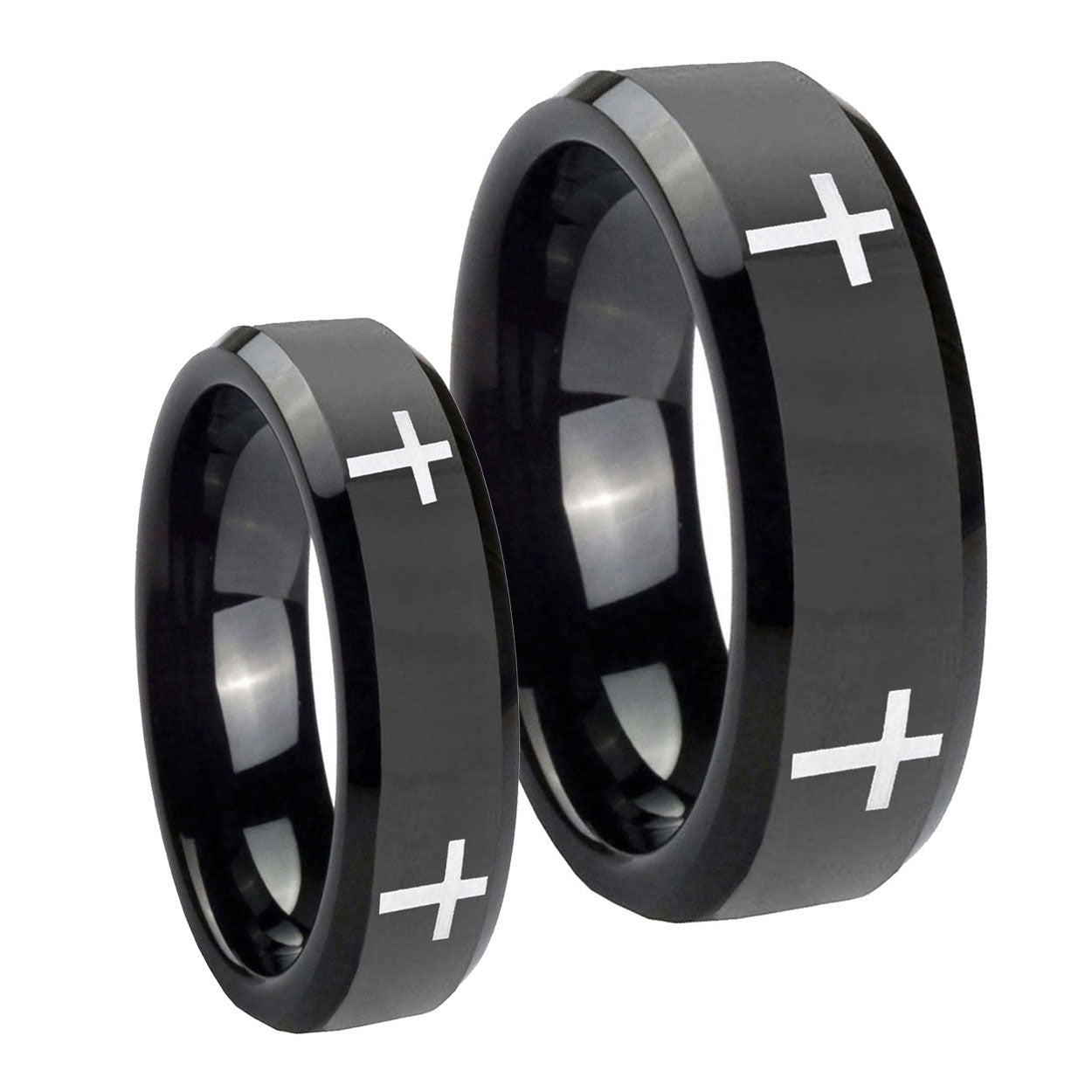 Crosses Beveled Edges Black Tungsten Bridal Ring Sets
