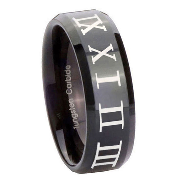 8mm-Roman-Numeral-Beveled-Edges-Black-Tungsten-Carbide-Mens-Anniversary-Ring