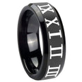 8mm Roman Numeral Beveled Edges Black Tungsten Ring