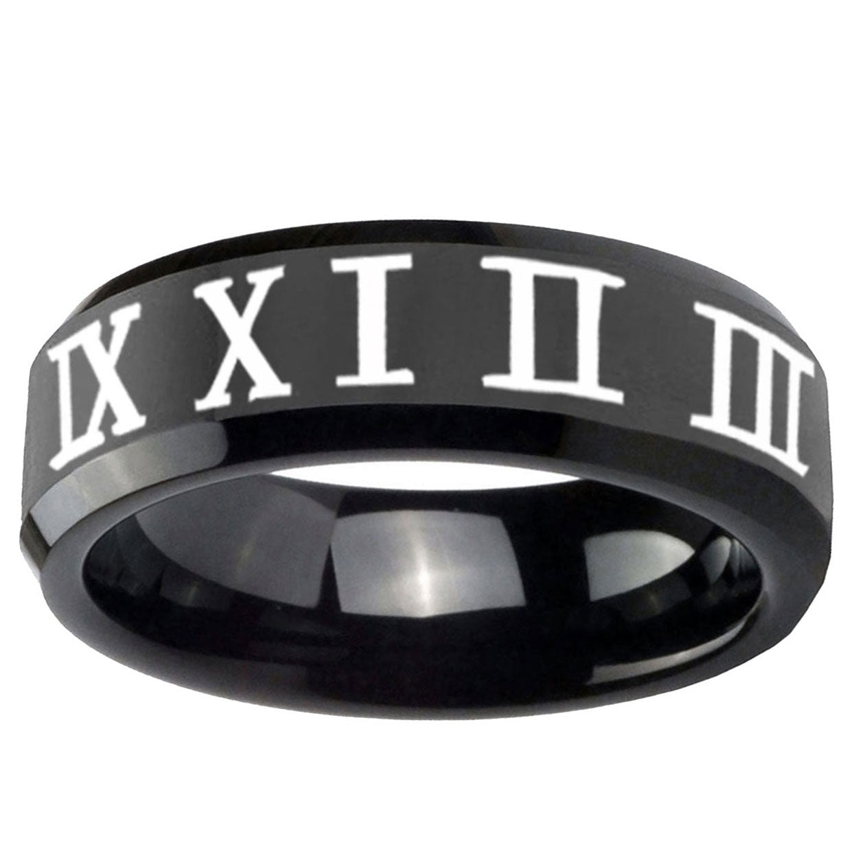 5mm Roman Numeral Beveled Edges Black Tungsten Ring