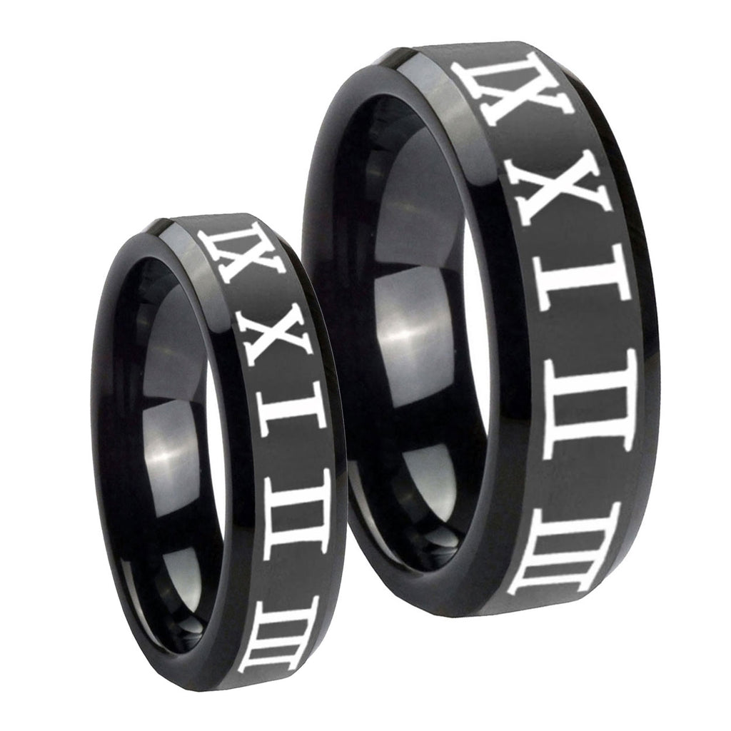 Roman Numeral Beveled Edges Black Tungsten Bridal Band Set