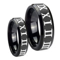 Roman Numeral Beveled Edges Black Tungsten Bridal Band Set